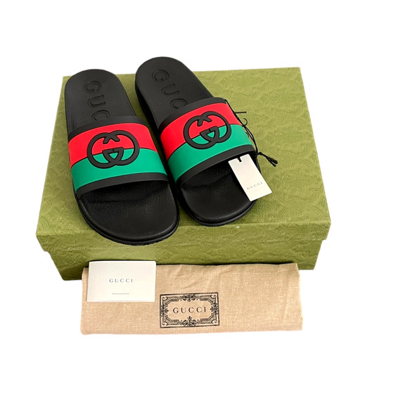 GUCCI Authentic Men's Interlocking G Slide Sandal Black Green Sz 10 |US 10.5 NEW - Picture 2 of 16